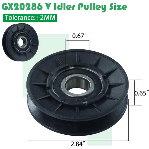 GX20286 V Idler Pulley size showing dimensions, heavy-duty material for No Sweat Idler Pulley Kit For John Deere Mower Deck.