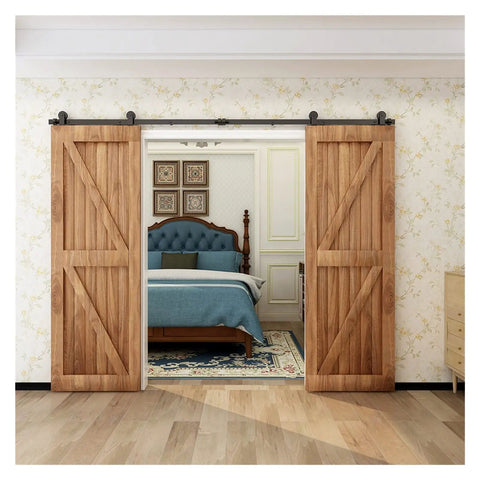 Heavy Duty Smooth Gliding Barn Door Hardware Kit For Double Wood Doors Handling Up To 330 Pounds With Top Shelf Nylon Rollers adjustable in a cozy bedroom setting.