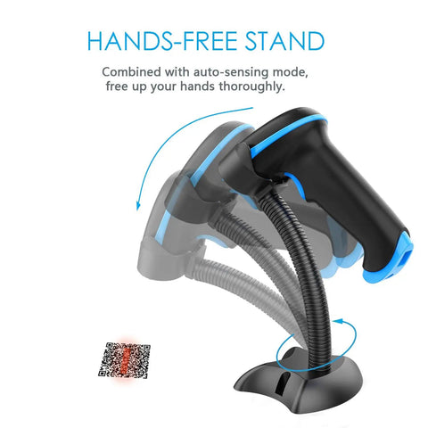 Wireless 2D Barcode Scanner With Stand For Screen Scanning And Handheld Use CMOS Imager displayed on flexible stand with QR code