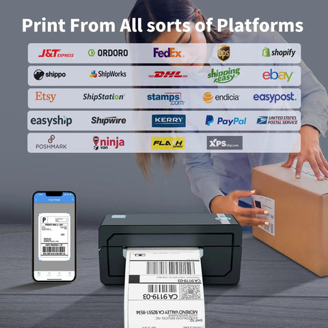 Bluetooth Thermal Shipping Label Printer For 4x6 Shipping Labels Wireless And Dead Simple To Use Works With Android iPhone Windows Mac Boss For Amazon Shopify Etsy USPS And More No Ink No Toner Clean Fast Printing showing printing from mobile and package handling