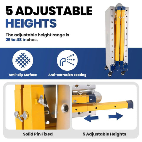 Hella Stable Foldable Welding Table showing 5 adjustable heights from 29 to 48 inches, features anti-slip surface and anti-corrosion coating.