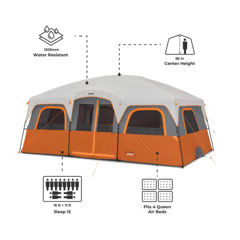 Spacious 12 Person Cabin Tent for Family Camping with multiple rooms, carry bag, weather resistant design, 86 inches height, fits four queen beds.