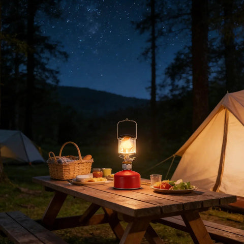 Go To Portable Camping Lantern With Adjustable Brightness and Warm Glow on picnic table in outdoor campsite at night