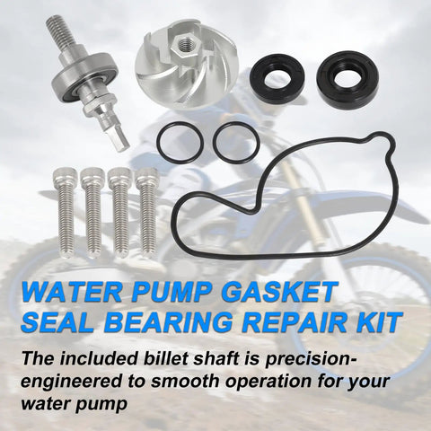 Water Pump Rebuild Kit For Yamaha YFZ450 YZ450 2004-2013 with billet shaft, seals, and screws for engine cooling repair.