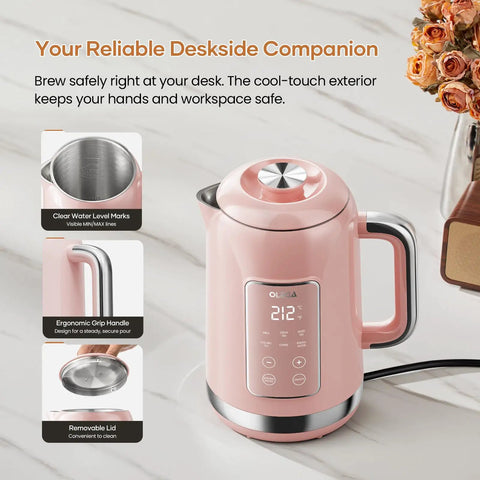 1.5L Stainless Steel Smart Electric Kettle With Temperature Control, Six Precise Presets, 1200W Fast Boil, Great For Tea, Coffee, Milk Or Baby Formula, Pink Finish, Ideal Home Kitchen Accessory on countertop