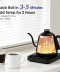 Precision Temperature Control Electric Kettle With 316L Stainless Steel, 1F Precision, Rapid 1000W Heating, black design on counter