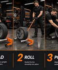 Heavy Duty Adjustable Tire Wheel Dolly With No Sweat Lever Lift Design And 440 Lbs Capacity For Effortless Hub Assembly Moving In Your Workshop And Sturdy Frame in use, loading a tire on rollers.