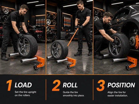 Heavy Duty Adjustable Tire Wheel Dolly With No Sweat Lever Lift Design And 440 Lbs Capacity For Effortless Hub Assembly Moving In Your Workshop And Sturdy Frame in use, loading a tire on rollers.