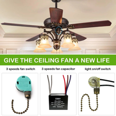 Ceiling Fan Pull Chain Switch Kit With CBB61 Capacitor And 3 Speed 4 Wire Light Replacement showing 3 speed switch, capacitor, and light switch.