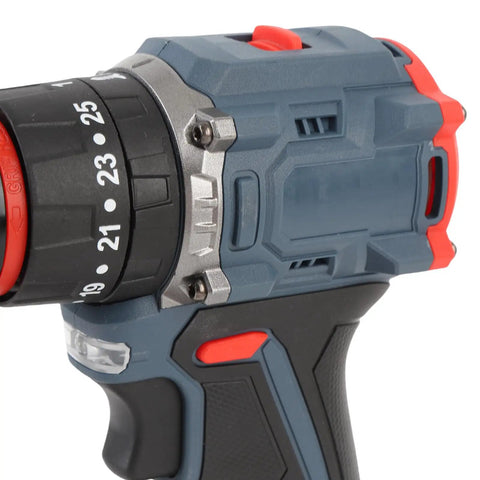 Close-up of No Sweat Brushless Cordless Drill Kit showing torque adjustment settings and ergonomic handle for easy use.