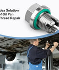 Badass Oversize Piggyback Oil Drain Plug M12.1 1.25 Thread Fifteen Millimeter Long Stainless Steel 304 Self Tapping in use during oil pan repair.