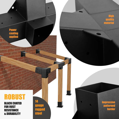 Beefed-Up Pergola Bracket Set For 4x4 Posts, 15 Degree Slanted Roof Wall Mount Extension Kit, Raised Wood Shelving Brackets, Inner 3.5x3.5 Inch Opening, Set Of 3, All Weather Durable Metal Build showing rugged black coated metal with wooden posts.