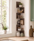 Total Game Changer Corner Wall Shelves Five Tier Floating Storage Rack With Trendy Zigzag Design Columbia Walnut Finish in kitchen corner.