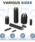 M5x10mm Carbon Steel Black Hex Socket Ball Point Spring Plunger Set Screws For Furniture And Workshop Projects, assorted sizes shown.