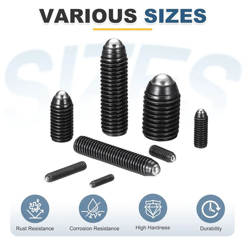 M5x10mm Carbon Steel Black Hex Socket Ball Point Spring Plunger Set Screws For Furniture And Workshop Projects, assorted sizes shown.