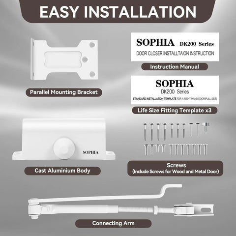 Built Tough Hydraulic Door Closer With Silent Action And Adjustable Speed For Residential Or Light Commercial Entry Doors Supporting 55 to 99 Pounds Crisp White Finish And Zero Fuss Mounting Template Pack installation components including mounting bracket, instruction manual, and fittings.