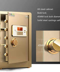 Fireproof And Waterproof Password Safe Box With Alarm System 60Cm Height Home Deposit Safe For Office Small Anti Theft Cabinet With Digital Keypad and Brown Finish shown open with locking mechanism visible.