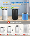 Replacement 3 In 1 HEPA And Activated Carbon Filter For Core 400S P Smart Air Purifier Silver Color Comparable To Core 400S RF next to compatible and not compatible air purifiers displayed on a diagram.