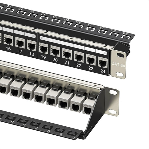 1U 24 Port Cat6A Patch Panel With Inline Keystone, Cable Management Bar, STP Shielding For Beefed Up 10Gbps Speeds
