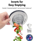 Hand holding a Reversible Chain Mesh Sink Strainer For Effortless Clean Up And Debris Catcher Large Capacity No Clog 304 Stainless Steel.