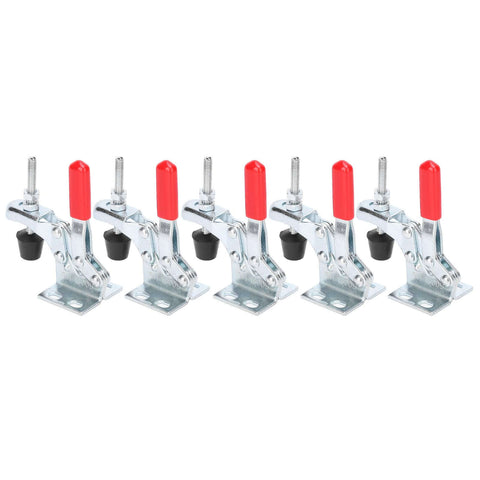5Pcs Toggle Clamp Set With Quick Release And Hold Down Capability For Vertical Fixtures Heavy Duty 30Kg Clamping Force Easy 88 Degree Handle Tough As Nails Workholding Tool For Woodworking And Metalworking Projects, showing metal clamps with red handles.