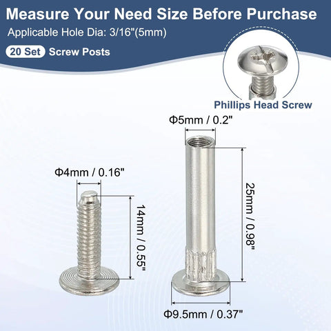 Heavy Duty Binding Screw Posts 20 Pack Slick Nickel Plated Carbon Steel Fasteners dimensions for 3/16 hole, including diameter and length.