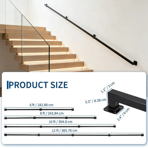Heavy Duty Ten Foot Black Metal Stair Railings Indoor And Outdoor Featuring Hella Sturdy Wall Mounted Construction For Rock Solid Five Hundred Pound Load Capacity And Maximum Family Safety With Zero Wobble size diagram showing dimensions and mounting details.