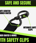 Beefy Heavy Duty 1 Inch By 12 Foot Auto Retracting Ratchet Straps with safety clips and rubber coated S-hooks.