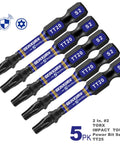 Five Piece T20 Security Torx Bits Rock Solid S2 Steel Impact Driver Power Screws With Zero Slip Magnetic Grip Built Tough For High Torque Jobs, showing hex shank bits.
