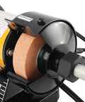 Close-up of 3 Inch All In One Handy Mini Bench Grinder Polisher With 31 Inch Flexible Shaft and accessories visible, focusing on grinding wheel and motor housing.