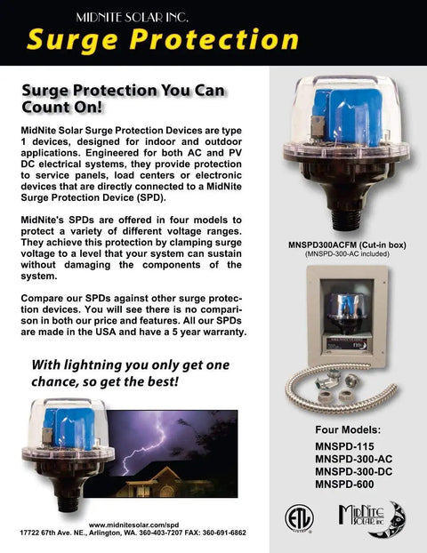 MNSPD 300-DC Surge Protection Device for Outdoor Solar Setups, Type 1 UL1449 Rev3, Weatherproof 4X Enclosure