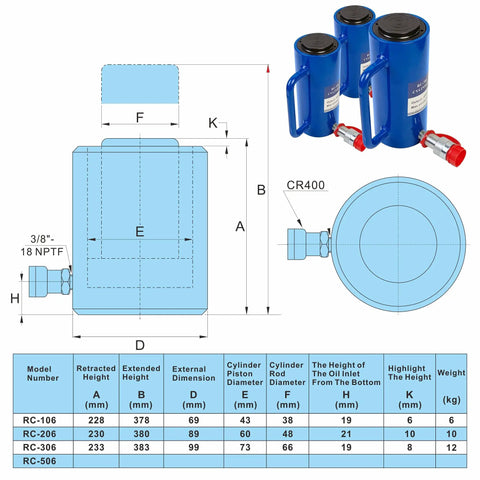 10 Ton Hydraulic Cylinder Ram Single Acting With 6 Inch Stroke Lift Portable Jack technical specifications diagram layout
