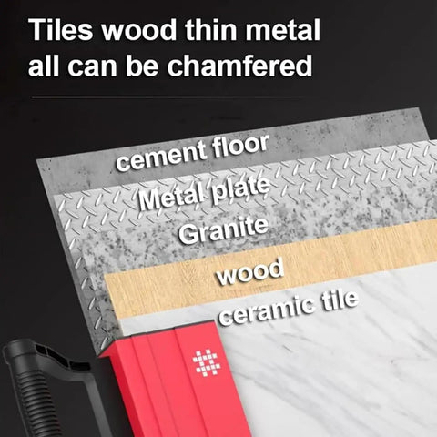 Portable Electric Tile Chamfering Machine Charges Through Crisp 45 Degree Bevels On Marble Wood And Metal Solid Aluminum Body showing various materials including wood, granite, metal and cement.