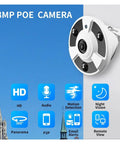 Dead Set Solid 8MP Wired Security Camera With Quick Face Detection Plus Super Crisp 4K Night Vision And A Massive Total 180 Degree Panoramic Lens View System Forever mounted outdoors with icons for features.