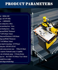 3 In 1 Hydraulic Busbar Machine on a table with specifications, showing yellow cutter, bender, punch tool for copper, aluminum busbars