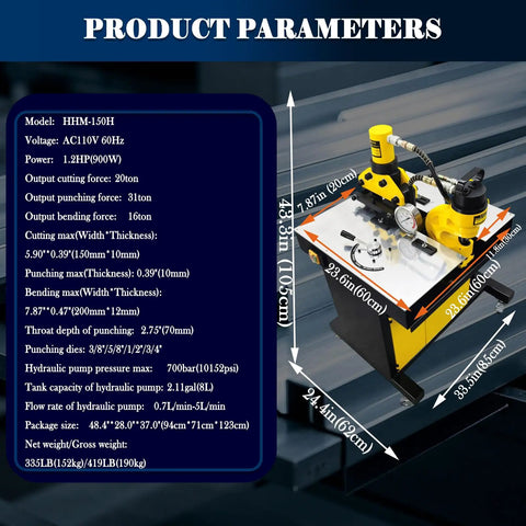 3 In 1 Hydraulic Busbar Machine on a table with specifications, showing yellow cutter, bender, punch tool for copper, aluminum busbars