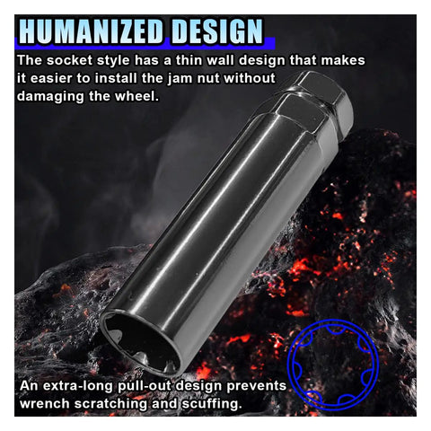 Heavy Duty Seven Point Spline Tuner Socket Wrench for Dead Grip Lug Nut Removal with thin wall design for easy installation.