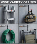 Top Tier Heavy Duty Steel Garage Hooks Wall Mounted Tool Storage Rack For Ladders Bikes And Yard Gear in varied uses like folding ladder and tool kit.