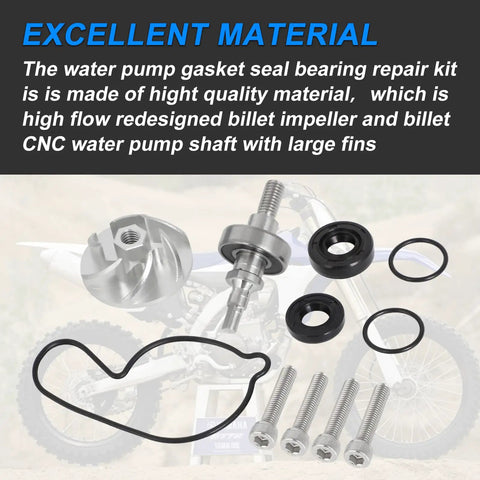 Water Pump Rebuild Kit For Yamaha YFZ450 YZ450 2004-2013 shows CNC machined shaft, billet impeller, seals, and screws.