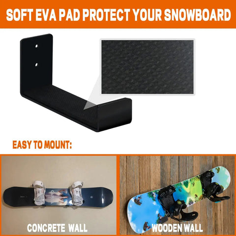 Rock Hard Premium Aluminum Snowboard Wall Mount Rack With Grippy Eva Padded Skis Display Hanger showing soft EVA pad and mounts on concrete and wooden walls.