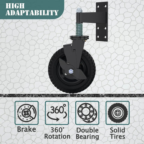 Heavy Duty 8 Inch Swivel Gate Wheels With Locking Brake view showing sturdy steel bracket and solid tire on a mosaic background.