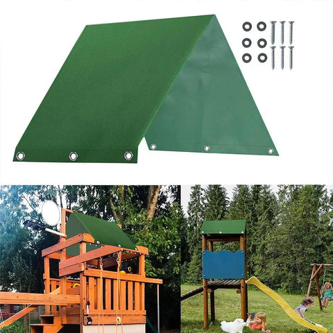 43 By 90 Inch Swing Set Canopy Replacement For Outdoor Playsets Waterproof UV Shield Sunshade Roof Snowproof Tarp Cover For Kids Playset Durable 600D Oxford With PVC Coating Easy To Install shown with hardware and playset