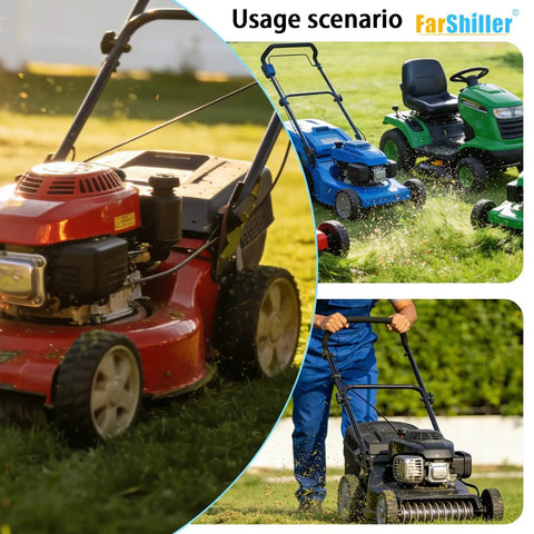 Usage scenarios of various lawn mowers showcasing Beefy Drive Belt For Lawn Mower Three Eighths Inch Wide Thirty Seven Inches Long Fits HRR216K9 VKAA HRR216K8 VYAA 21 Inch Walk Behind Replacement Part Durable Easy Install Premium Quality in operation on grass lawns.