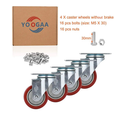 Rock Solid Heavy Duty Swivel Caster Wheels With Precision Ball Bearings For Smooth Roll And Dead Silent Glide 3 Inch Non Brake Polyurethane Tread Steel Mount Base Furniture Workbench Set Of Four with hardware