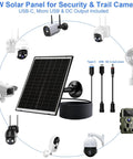 10W Solar Panel For Security And Trail Cameras With Usbc Micro Usb Dc Outputs Deliver Straight Up Round The Clock Power For Outdoor Surveillance Gear, mounted with cables and surrounding cameras.