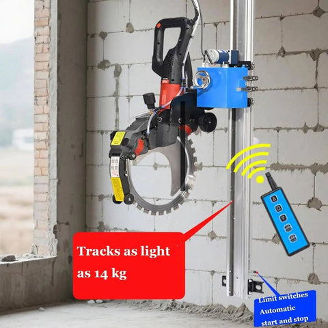Heavy Duty Job Site Ready Automatic Wall Cut Off Saw With Plug And Play Remote Track For Dead Solid Concrete Brick Tile Grooving 150W Orbital Rotary Chaser mounted on a wall with remote.