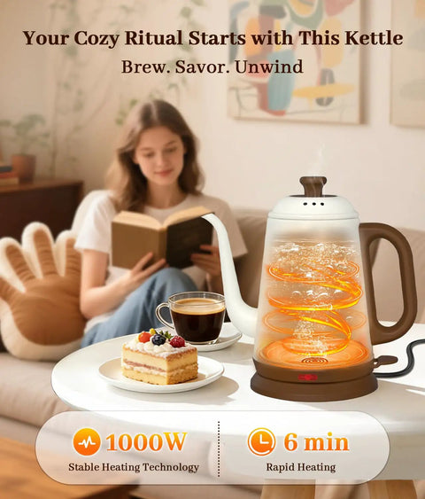 Gooseneck Electric Kettle For Pour Over Coffee And Tea, 1L Capacity, 1000W Fast Boil, 304 Stainless Steel BPA Free, on white table.