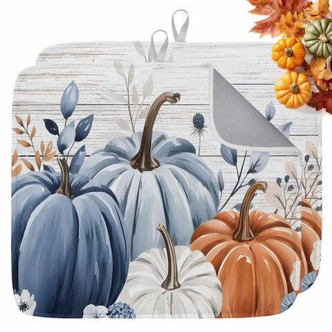 Must Have Fall Kitchen Dish Drying Mat Set Two Pack With Blue Pumpkin Pattern Leaves Floral Wood Grain 16 By 18 Inches