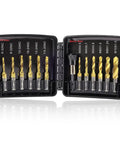 All In One Drill Tap Set With Quick Change Adapter 13 Piece Kit for Drilling Tapping and Countersinking in open black case