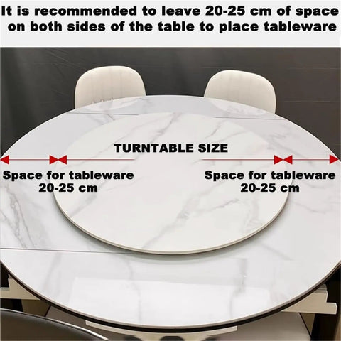 Thickness Natural Stone Lazy Susan Turntable Featuring Quiet 360 Spin Heavy Duty Rotating Serving Tray with tableware space measurement on round table.